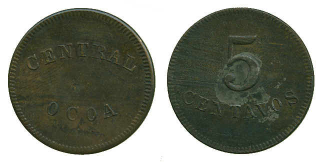 Dominican Republic, Central Ocoa, copper Token of 5 Centavos