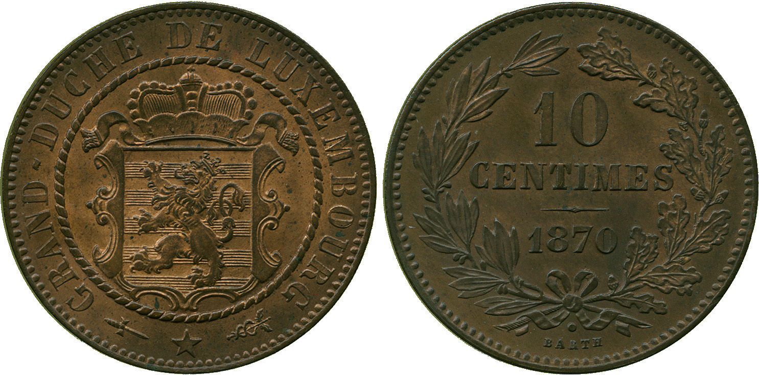 Luxembourg, William III (1849-1890), bronze 10 Centimes