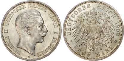 Germany, Empire, Wilhelm II, silver 5 Marks, 1908