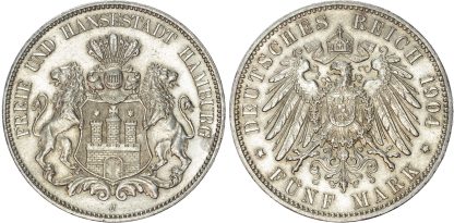 Germany, Hamburg, silver 5 Marks, 1904