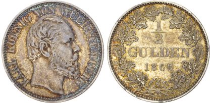 Germany, Wurttemberg, Karl I, silver ½ Gulden, 1866